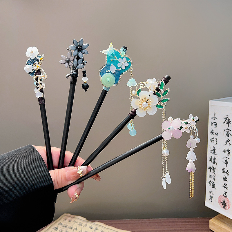 Pearl Hair Pin - Classic Tassel Hair Stick Black Wooden